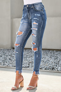 Distressed Frayed Hem Cropped Jeans Pants