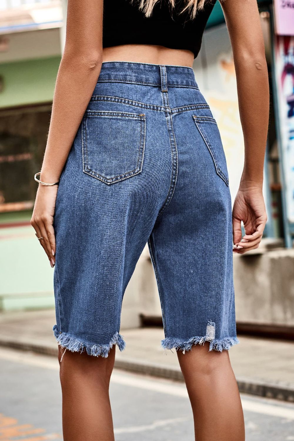Raw Hem High Waist Denim Bermuda Shorts