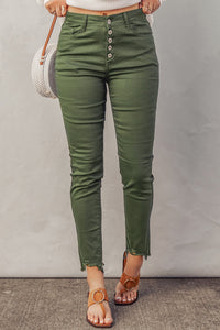 Button Fly Hem Detail Skinny Jean Pants