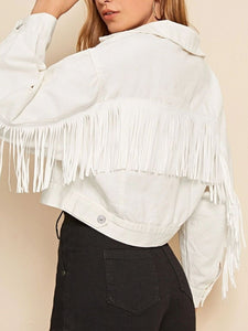 Fringe Detail Collared Neck Long Sleeve Denim Jacket