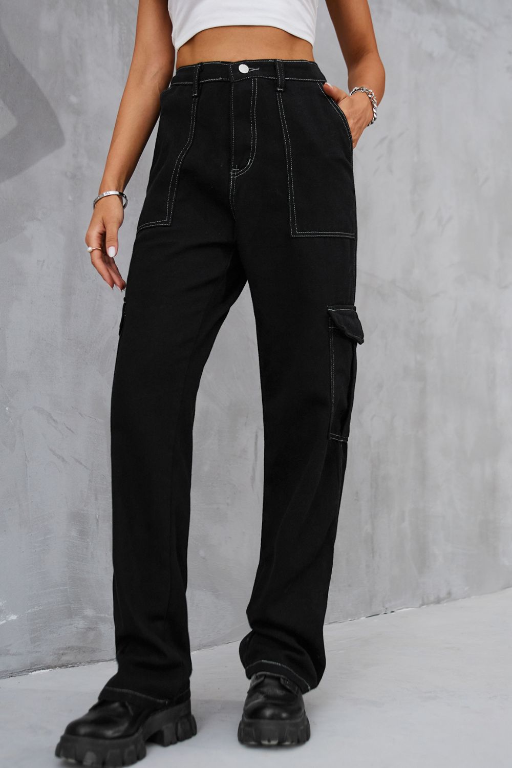 Long Straight Leg Cargo Pants with Pockets