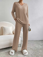 Load image into Gallery viewer, Ribbed V-Neck Long Sleeve Top and Pants Set
