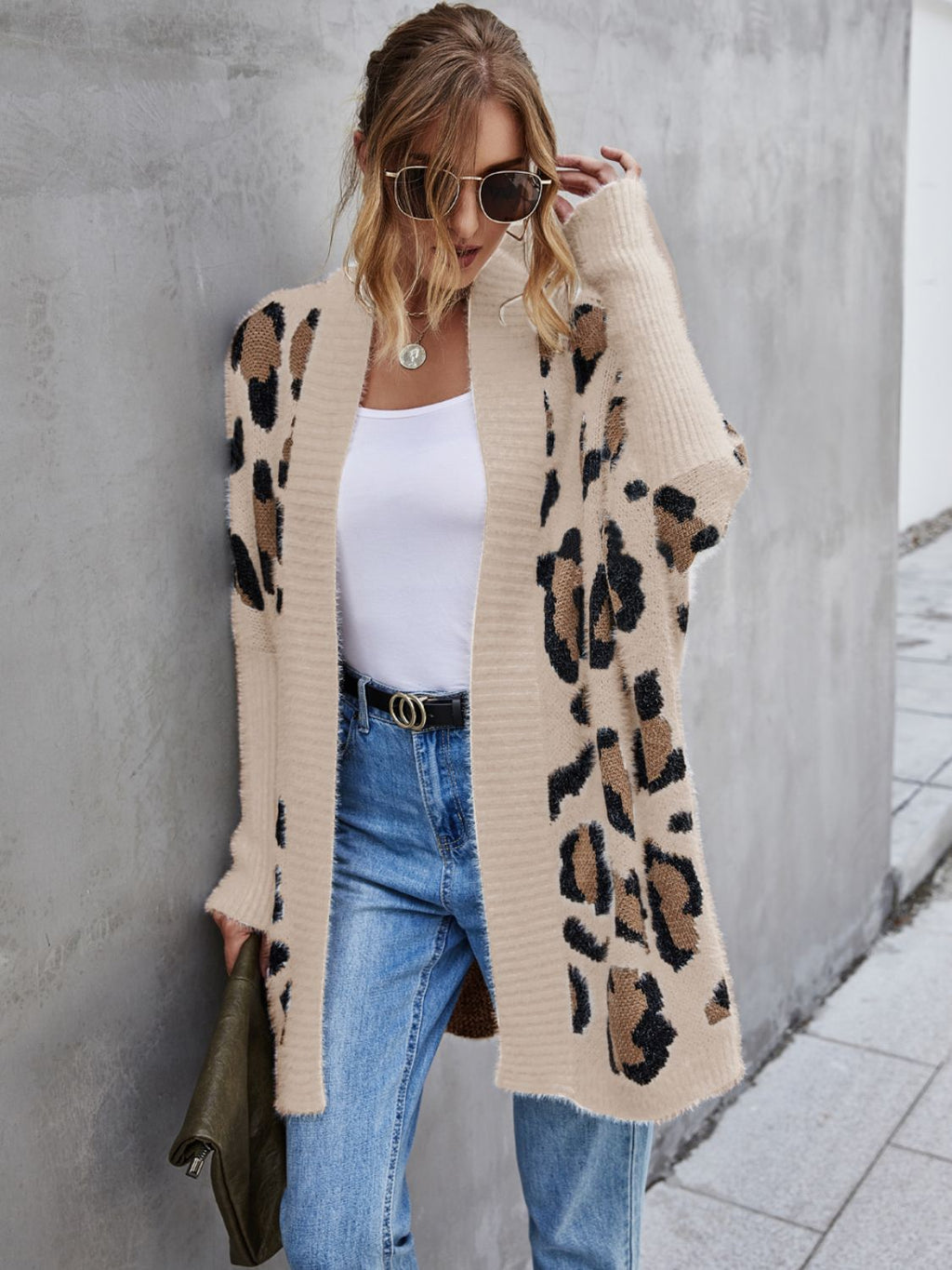 Leopard Print Fuzzy Open Front Cardigan