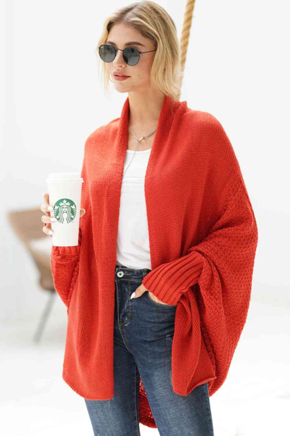 Dolman Sleeve Open Front Ribbed Longline Cardigan