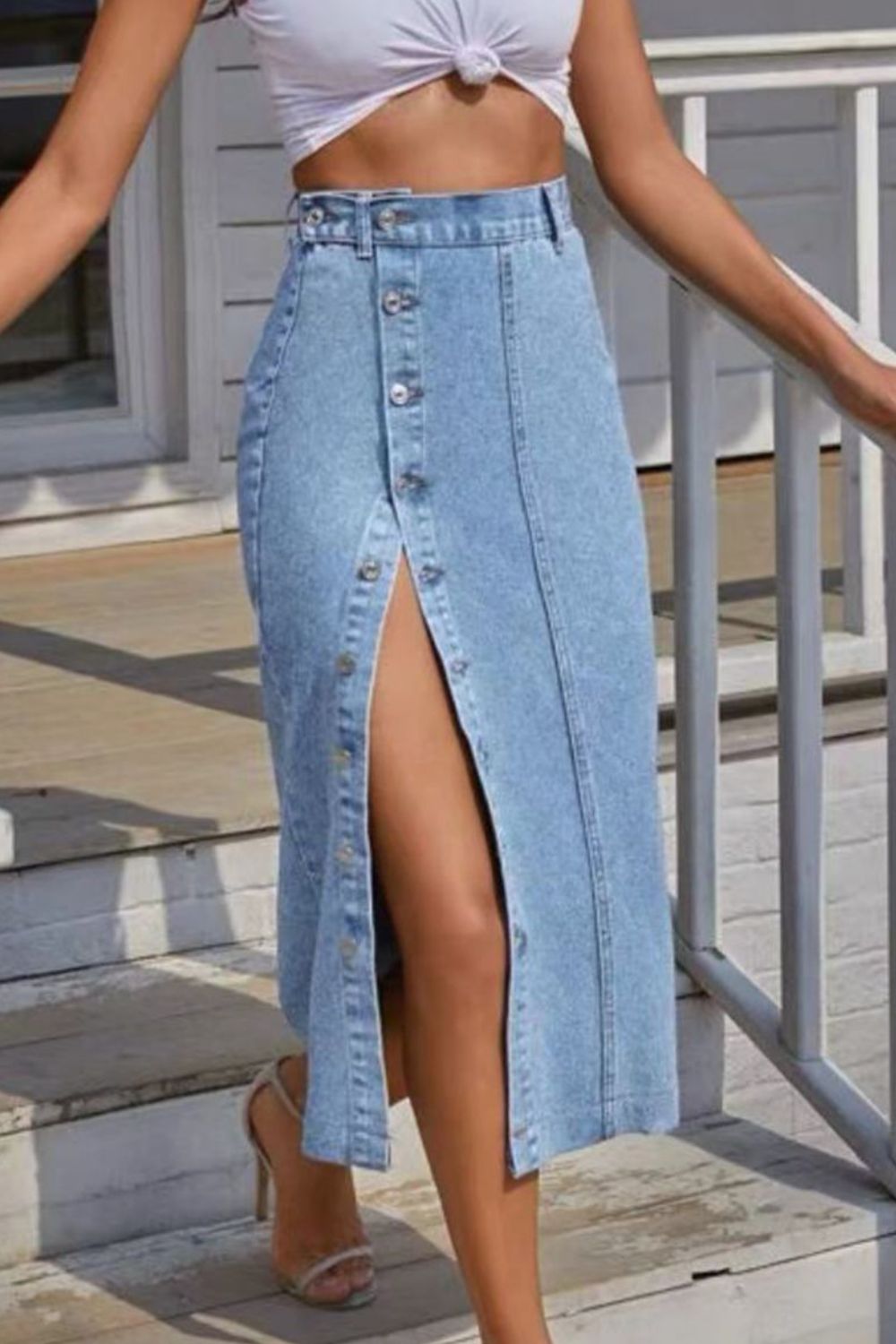 Button Fly Split Denim Midi Skirt