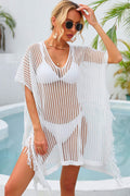 Fringe Trim Openwork Short Sleeve Cover-Up