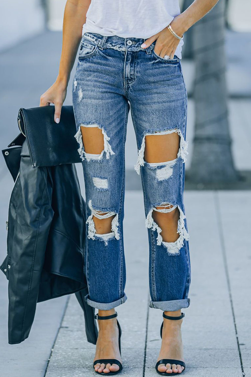 Distressed Frayed Trim Straight Leg Jeans Pants