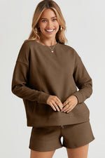 Load image into Gallery viewer, Textured Long Sleeve Top and Drawstring Shorts Set

