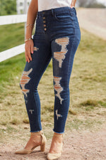 Load image into Gallery viewer, Distressed Button Fly Raw Hem Jeans Pants
