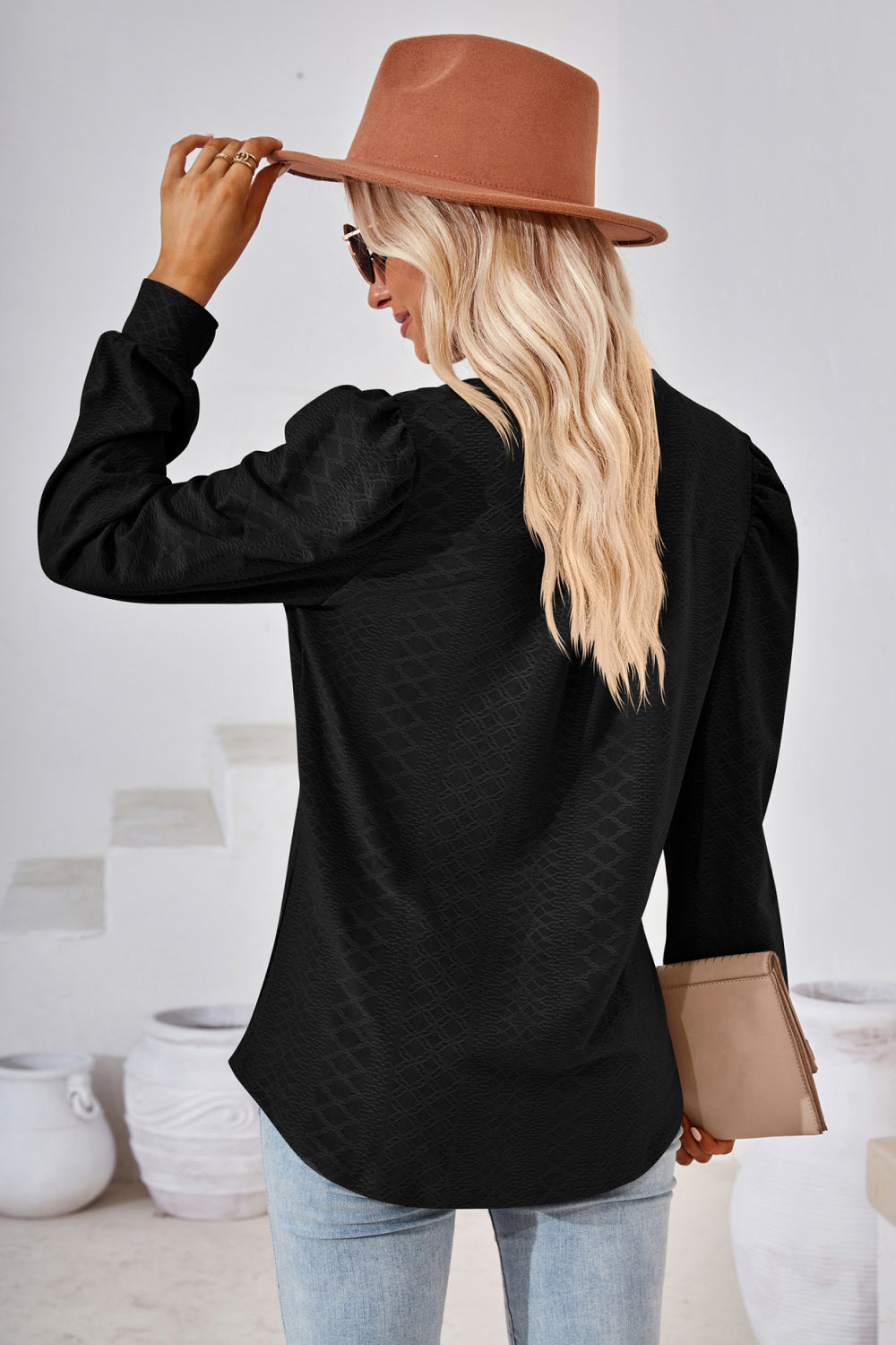 Notched V-Neck Puff Sleeve Blouse