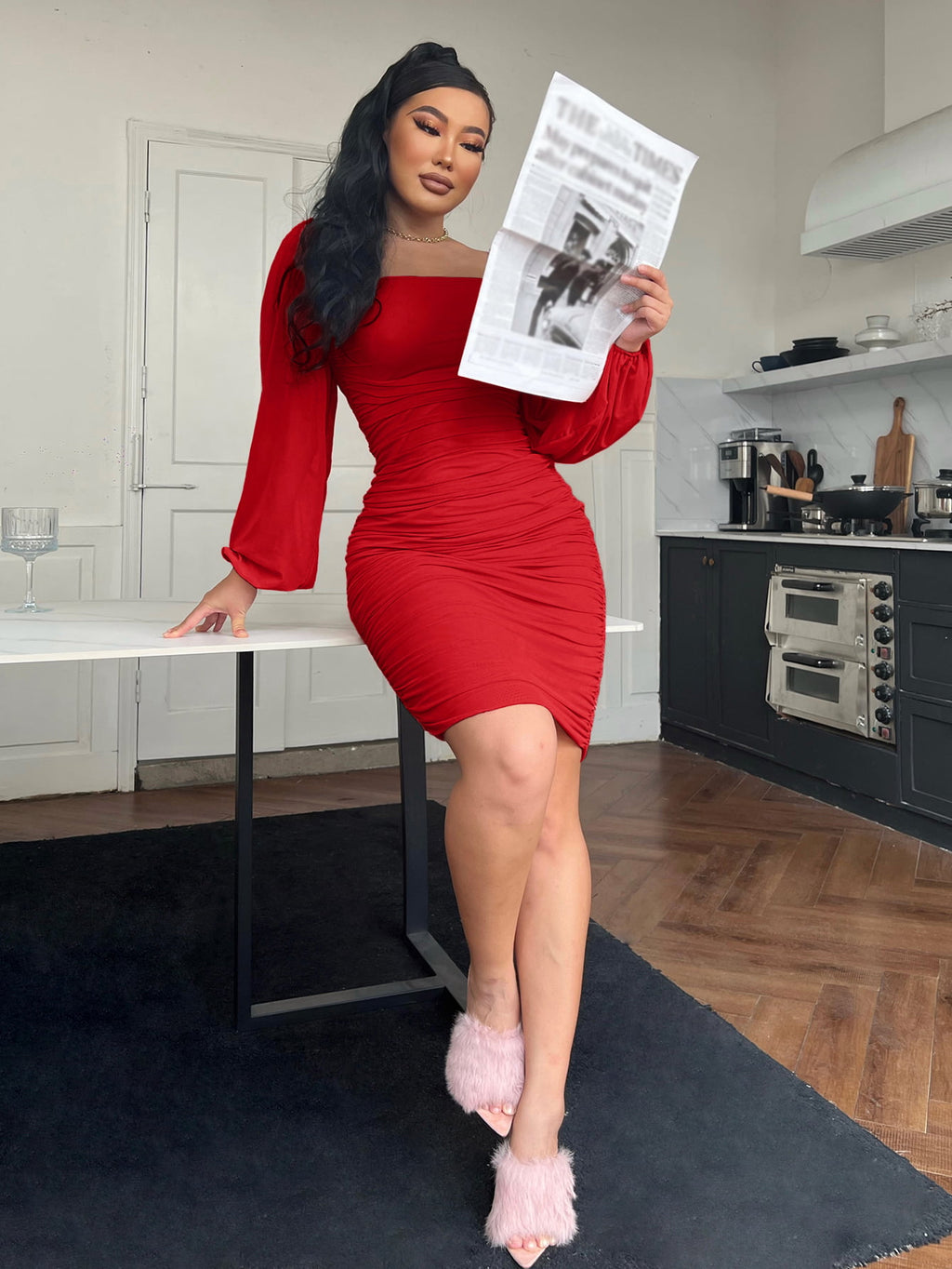 Zip-Back Ruched Bodycon Dress — Square Neck Long Sleeve