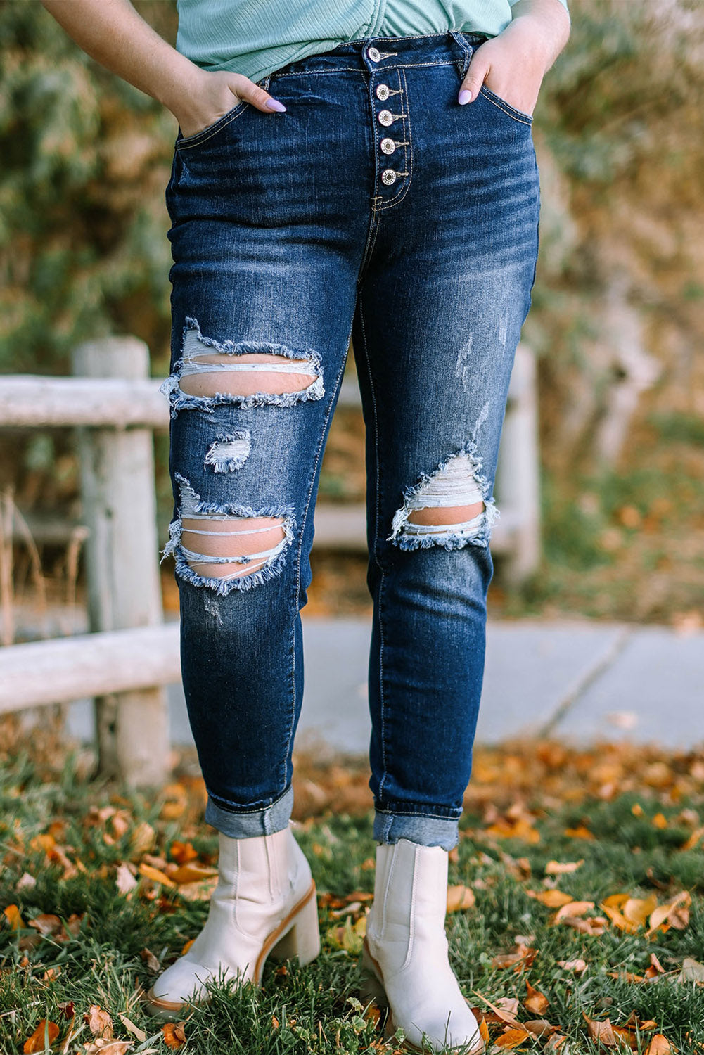 Plus Size Button Fly Distressed Jeans Pants