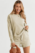 Load image into Gallery viewer, Textured Long Sleeve Top and Drawstring Shorts Set
