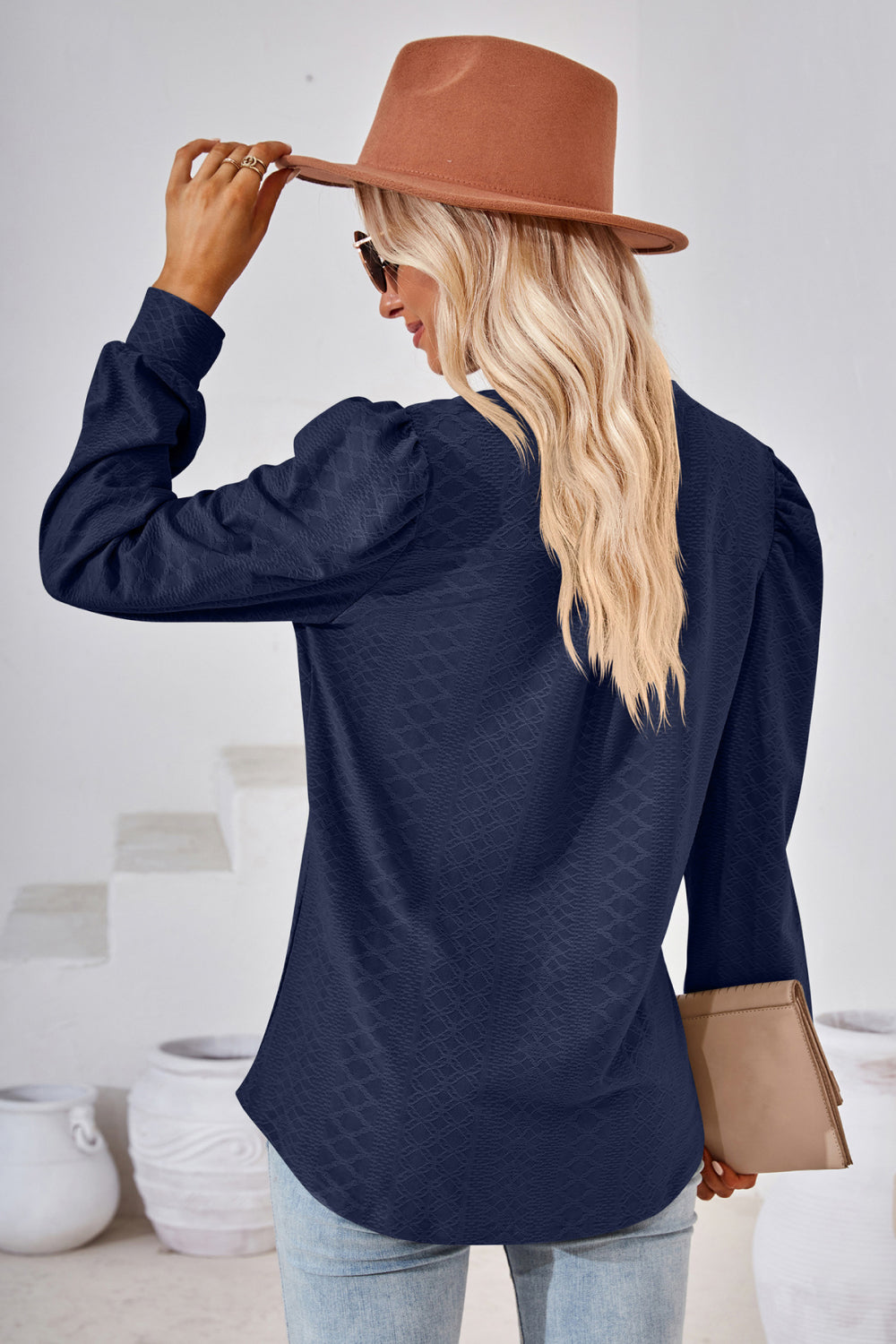 Notched V-Neck Puff Sleeve Blouse