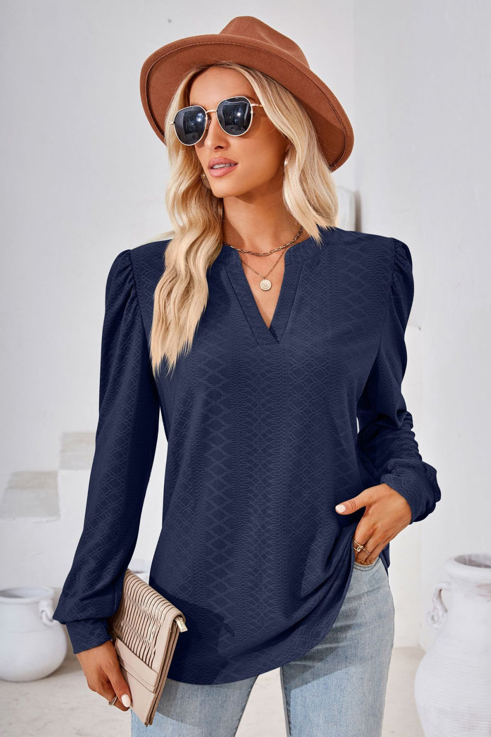 Notched V-Neck Puff Sleeve Blouse