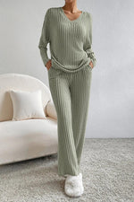 Load image into Gallery viewer, Ribbed V-Neck Top and Pants Set
