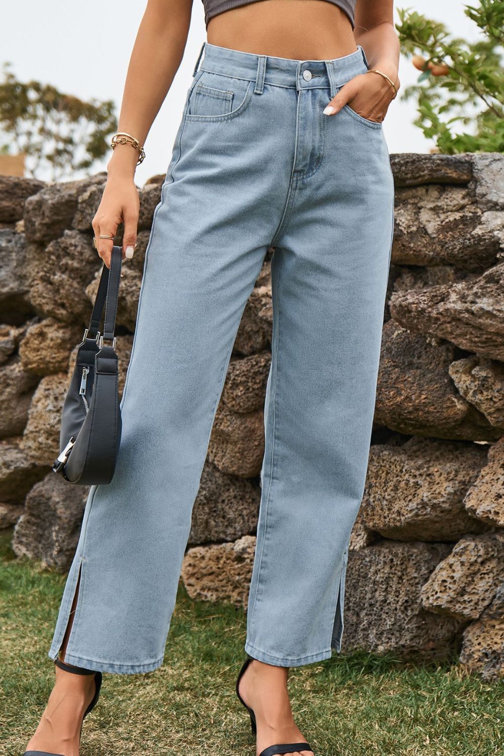 High Waist Loose Fit Ankle Slit Pants