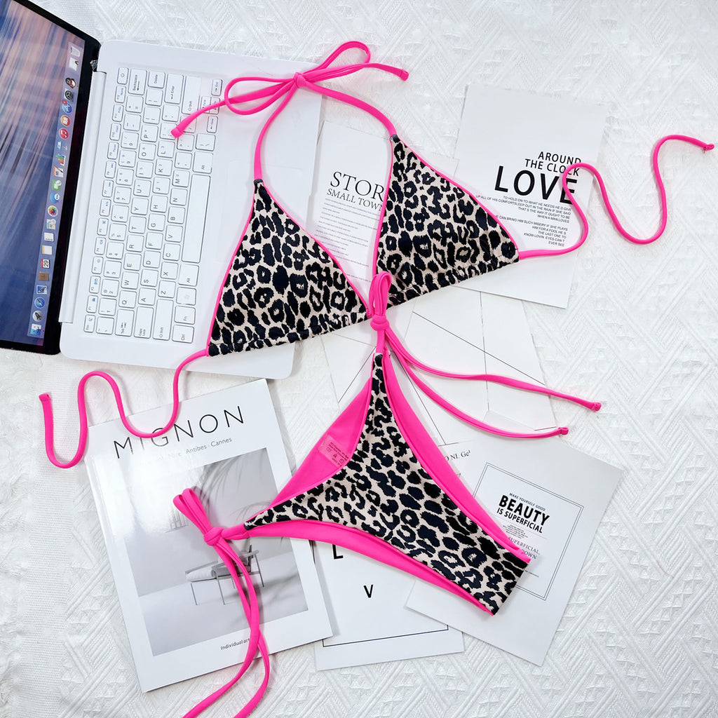 Leopard Print Triangle Bikini Set | Neon Tie-Side Two-Piece