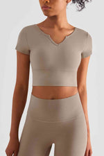 Load image into Gallery viewer, Notched Neck Short Sleeve Cropped Sports Top
