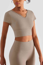 Load image into Gallery viewer, Notched Neck Short Sleeve Cropped Sports Top
