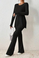 Load image into Gallery viewer, Ribbed Long Sleeve Slit Top and Bootcut Pants Set
