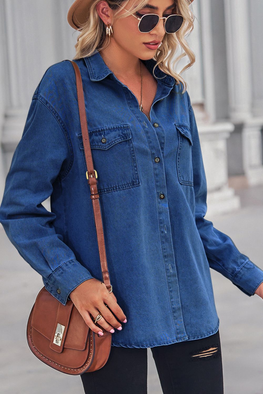 Collared Neck Dropped Shoulder Button-Up Top