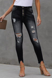 Button Fly Hem Detail Ankle-Length Skinny Jean Pants