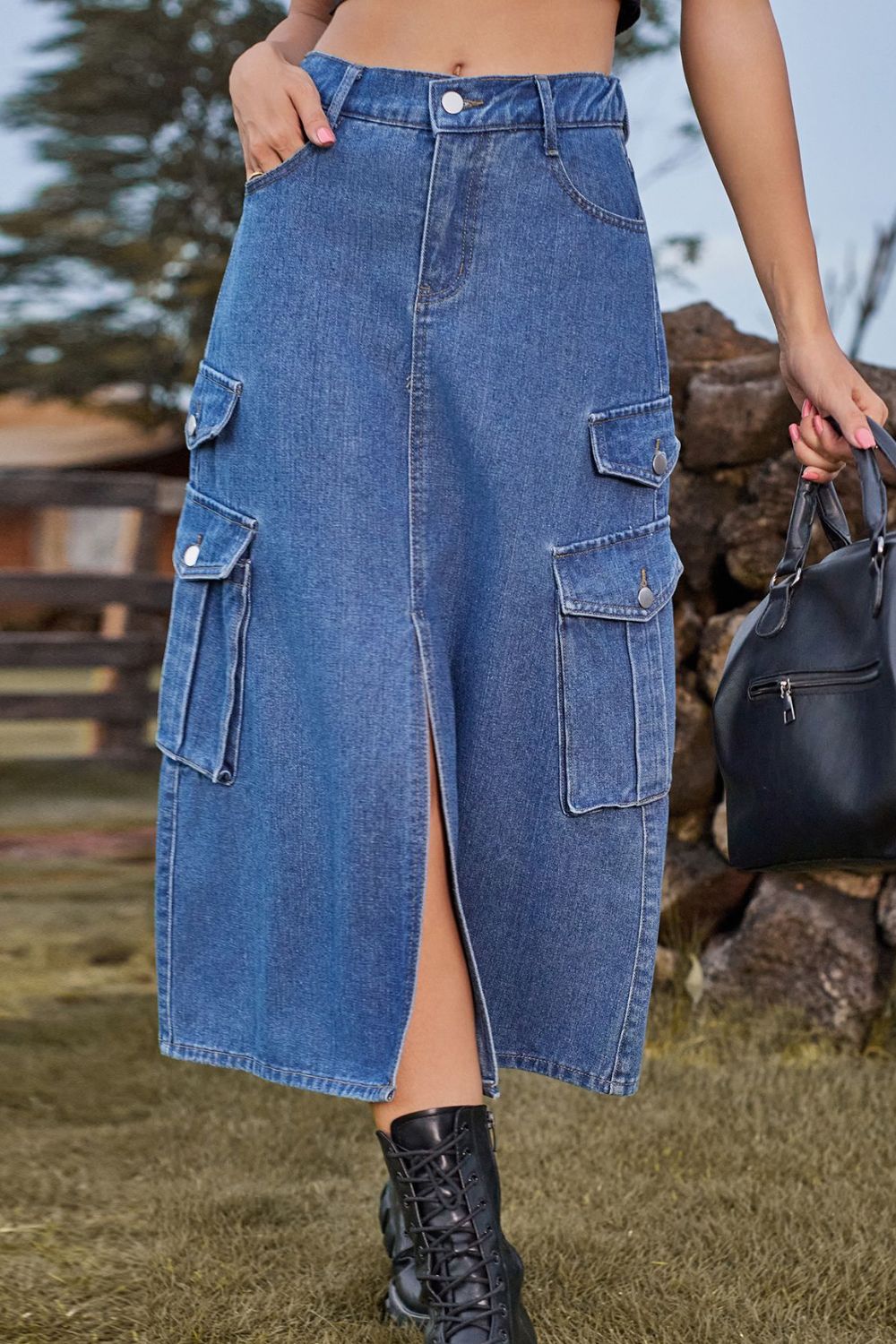 Slit Front Midi Skirt with Pockets