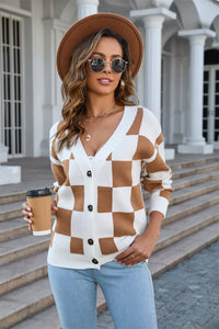 Button-Up Plaid V-Neck Dropped Shoulder Cardigan