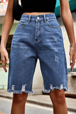 Load image into Gallery viewer, Raw Hem High Waist Denim Shorts with Pockets
