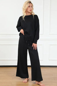 Textured Long Sleeve Top and Drawstring Pants Set