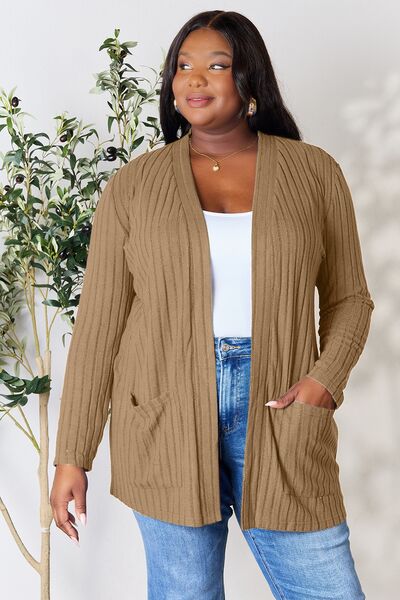 Ribbed Open Front Cardigan with Pockets