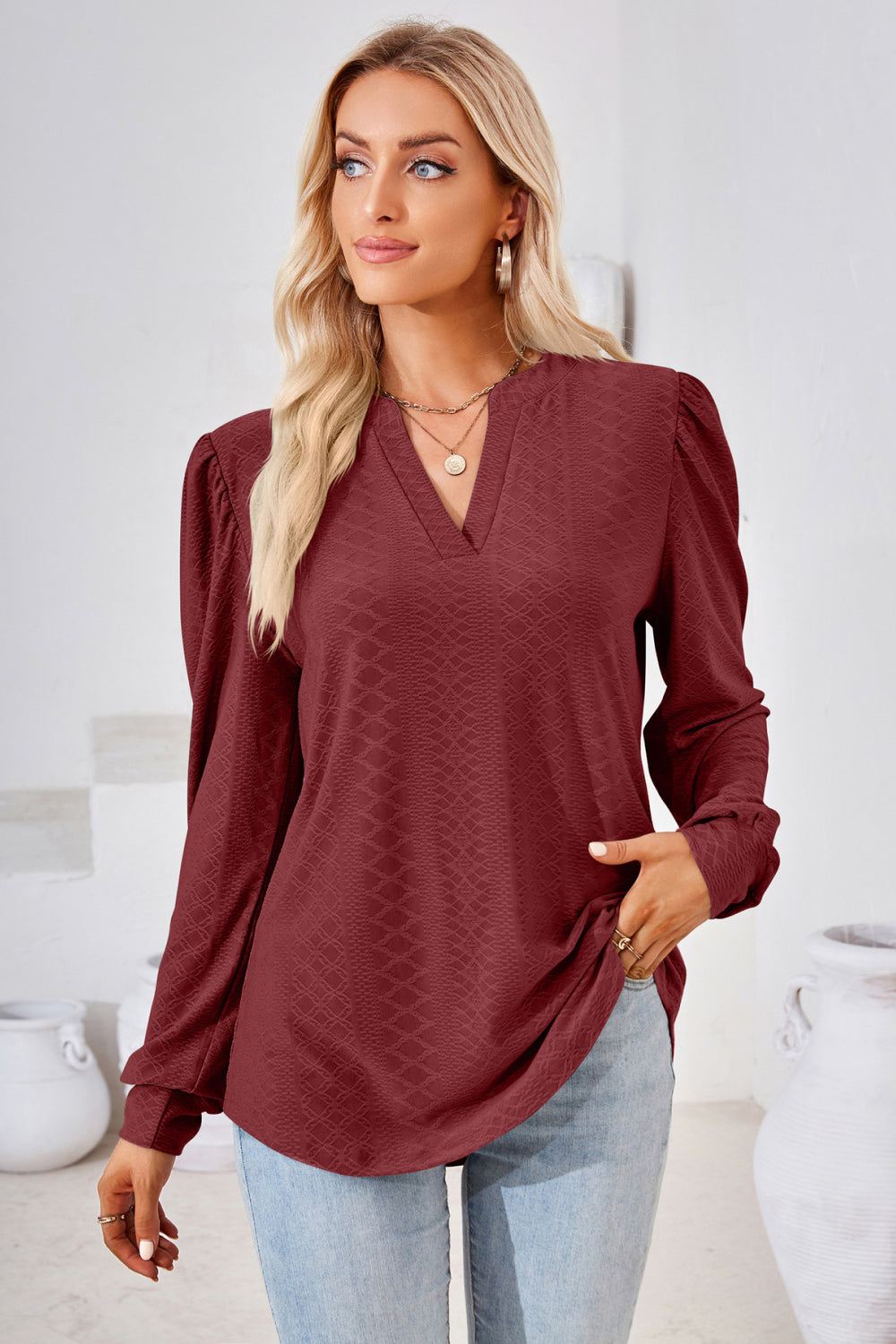 Notched V-Neck Puff Sleeve Blouse
