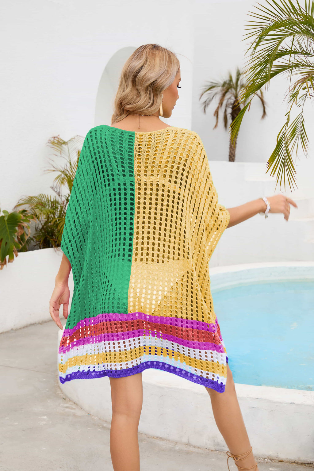 Contrast Openwork Half Sleeve Scoop Neck Cover-Up