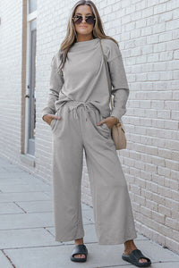 Textured Long Sleeve Top and Drawstring Pants Set