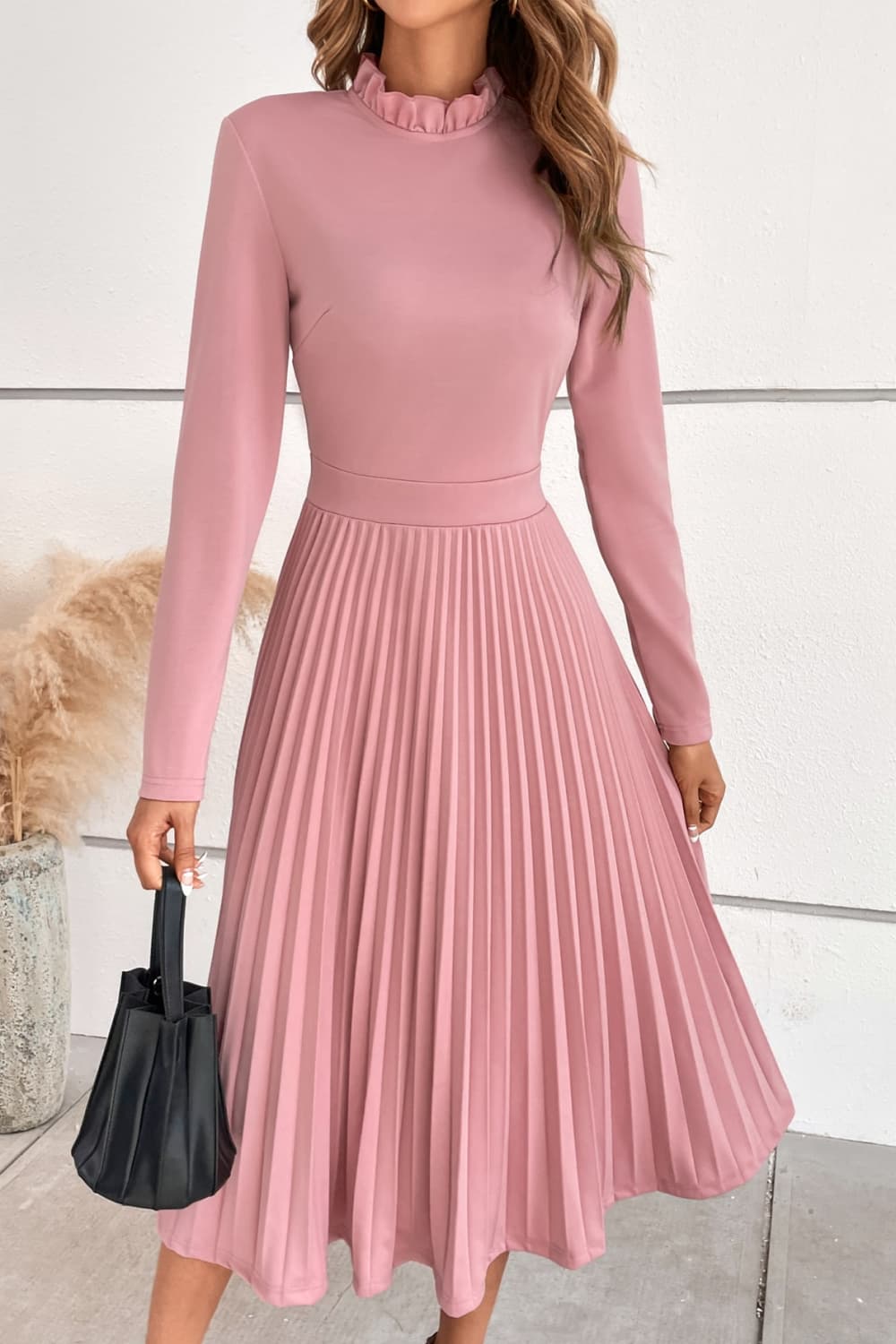 Ruffle Collar Pleated Long Sleeve Dress