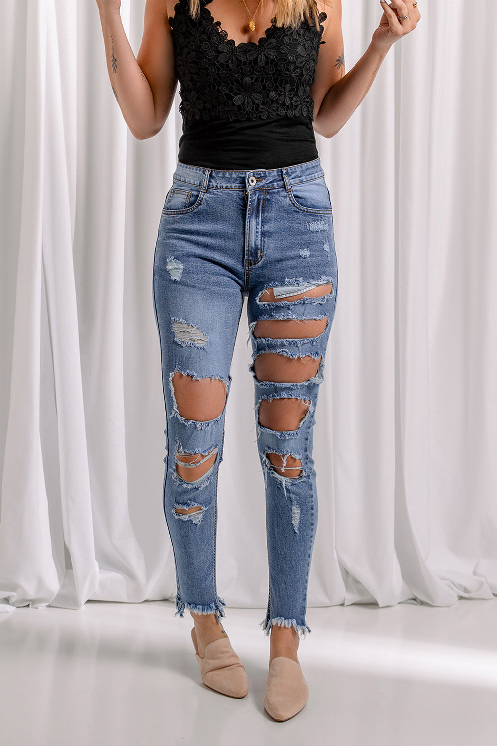 Distressed Raw Hem Skinny Jeans Pants