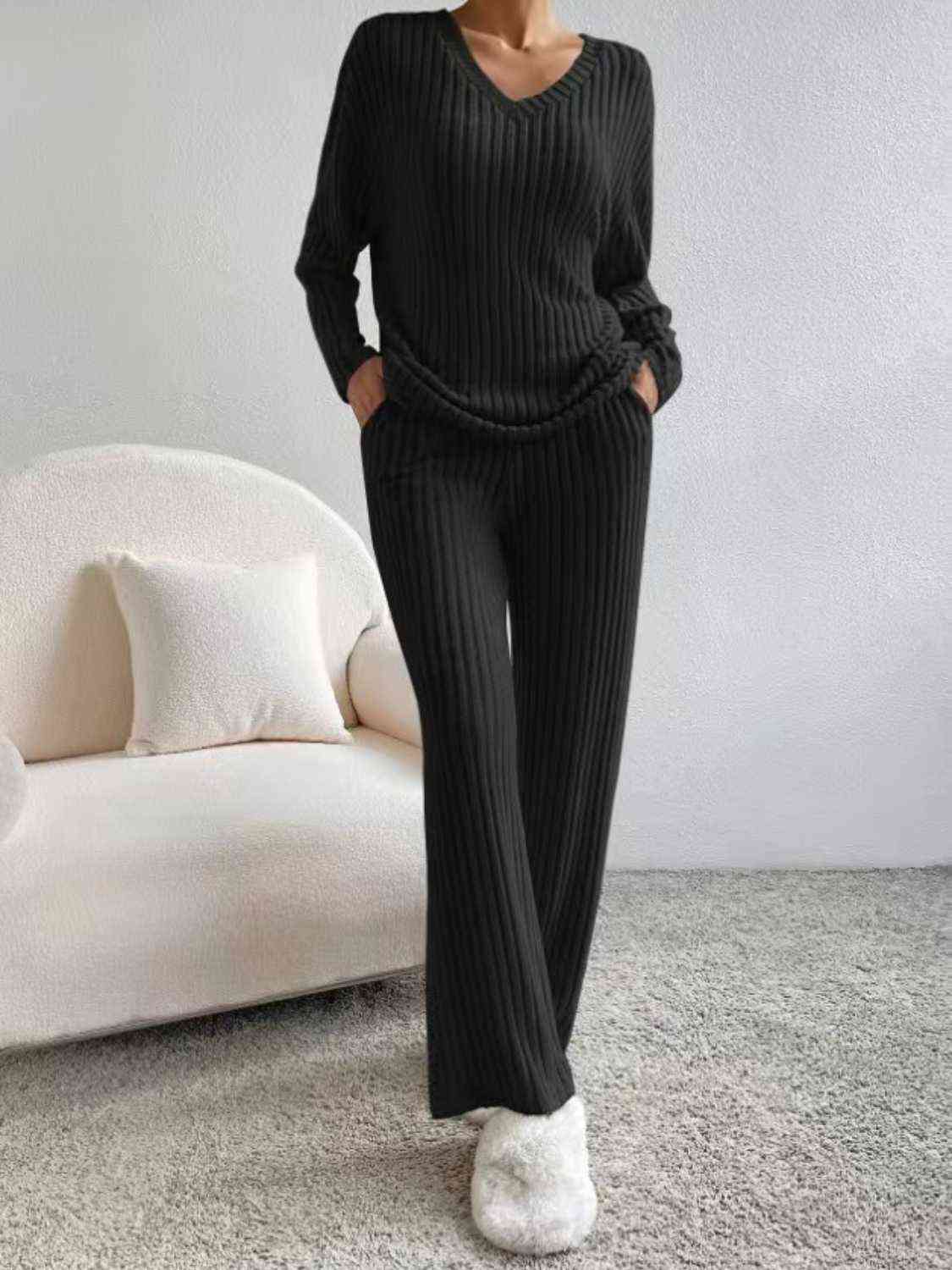 Ribbed V-Neck Long Sleeve Top and Pants Set