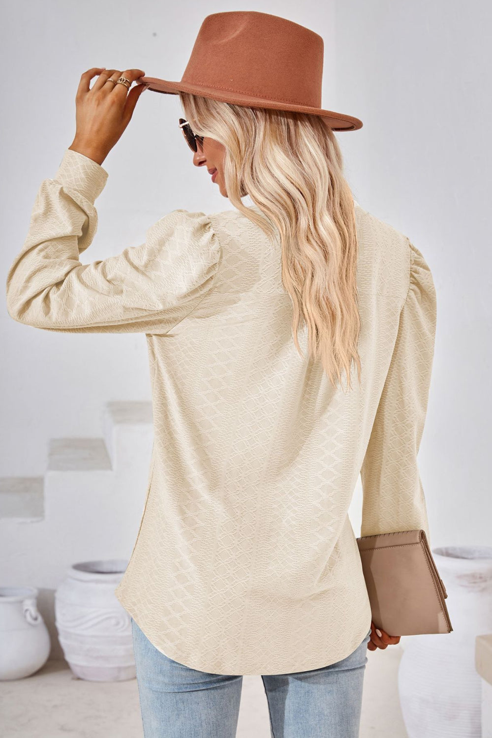 Notched V-Neck Puff Sleeve Blouse