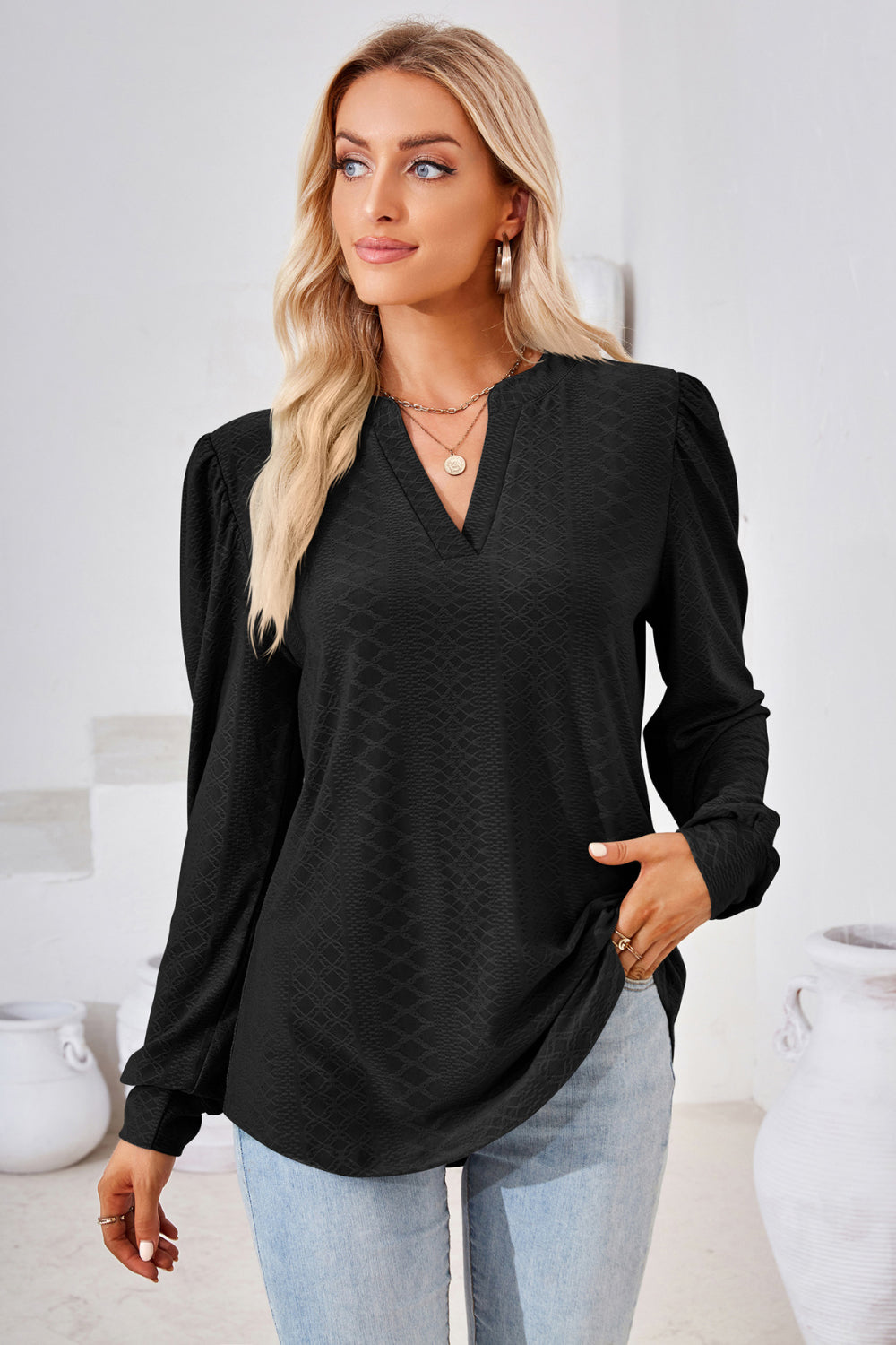 Notched V-Neck Puff Sleeve Blouse