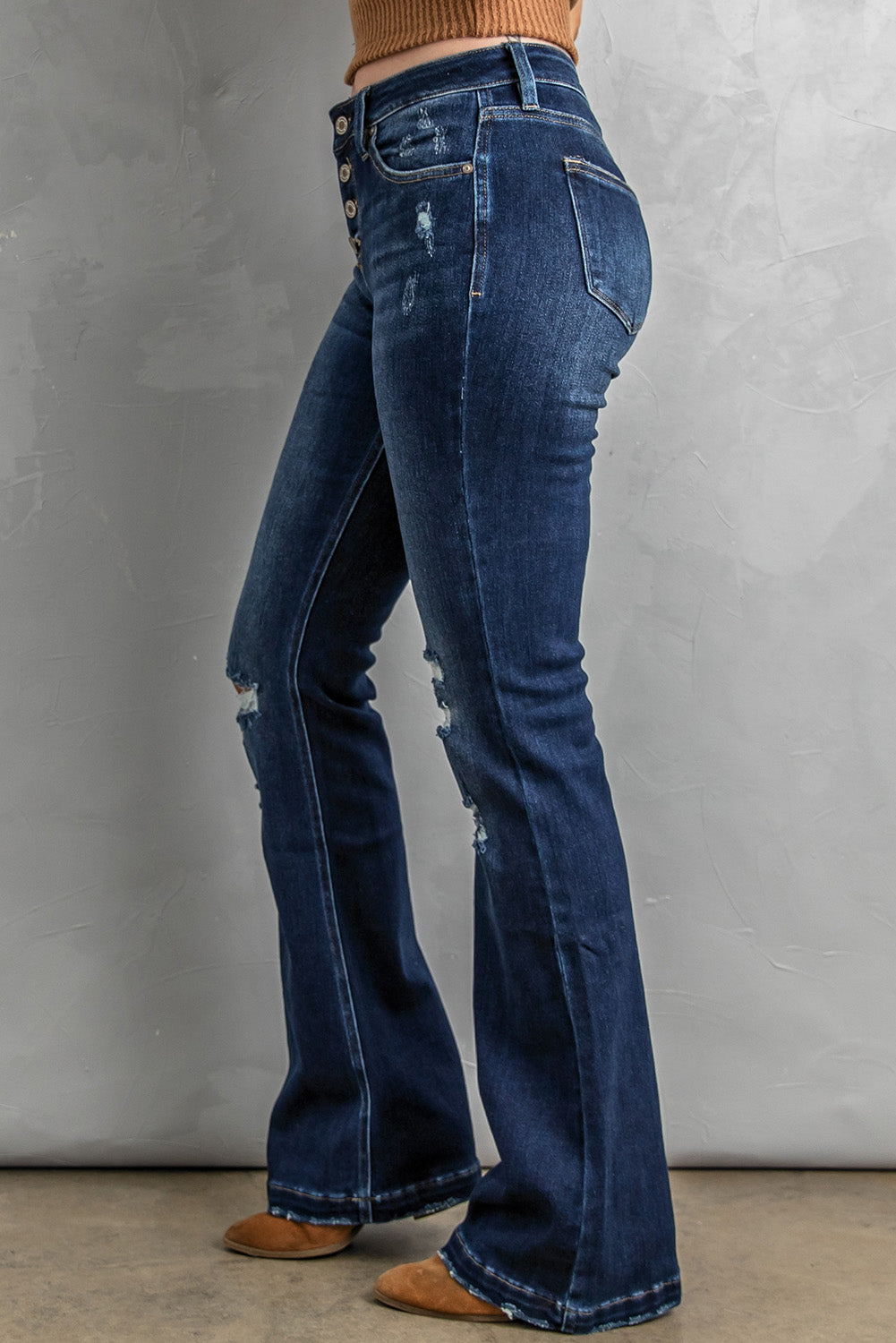 Button Fly Distressed Bootcut Jean Pants