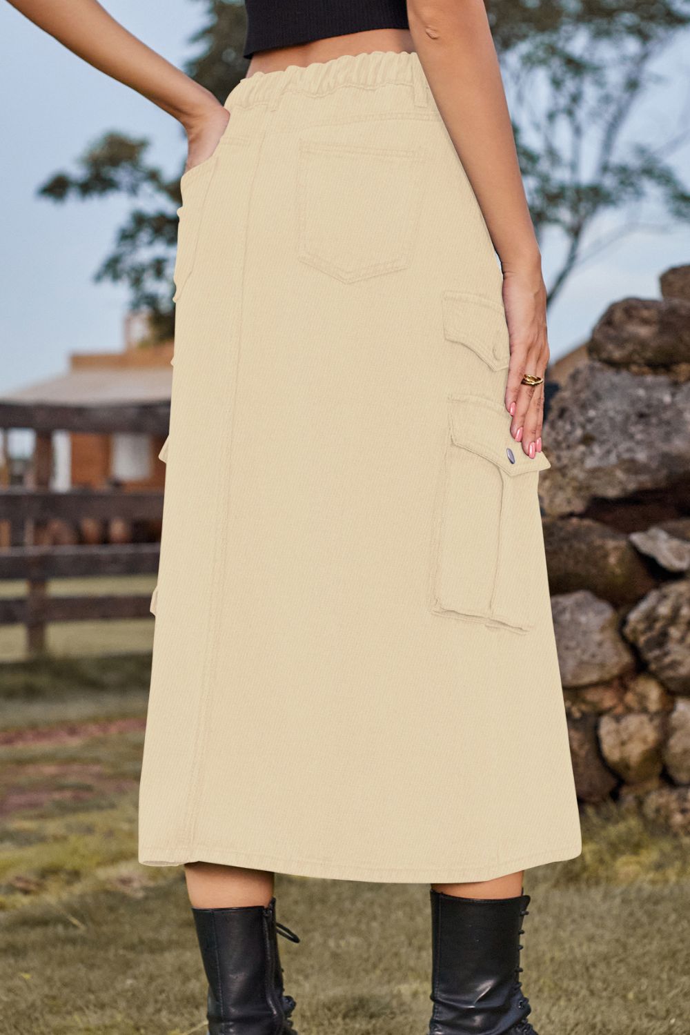 Slit Front Midi Skirt with Pockets