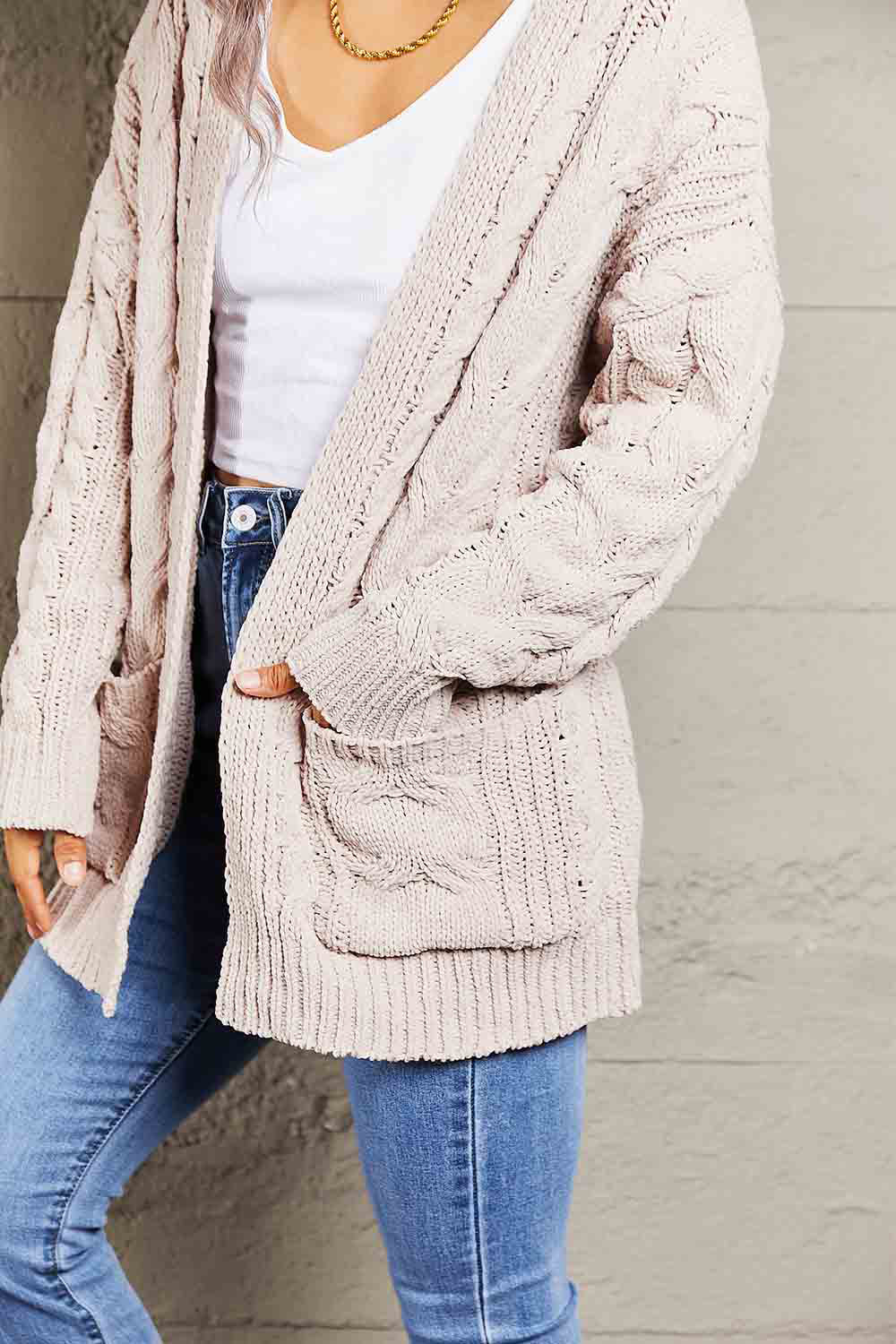 Cable-Knit Open Front Cardigan with Front Pockets