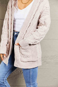 Cable-Knit Open Front Cardigan with Front Pockets