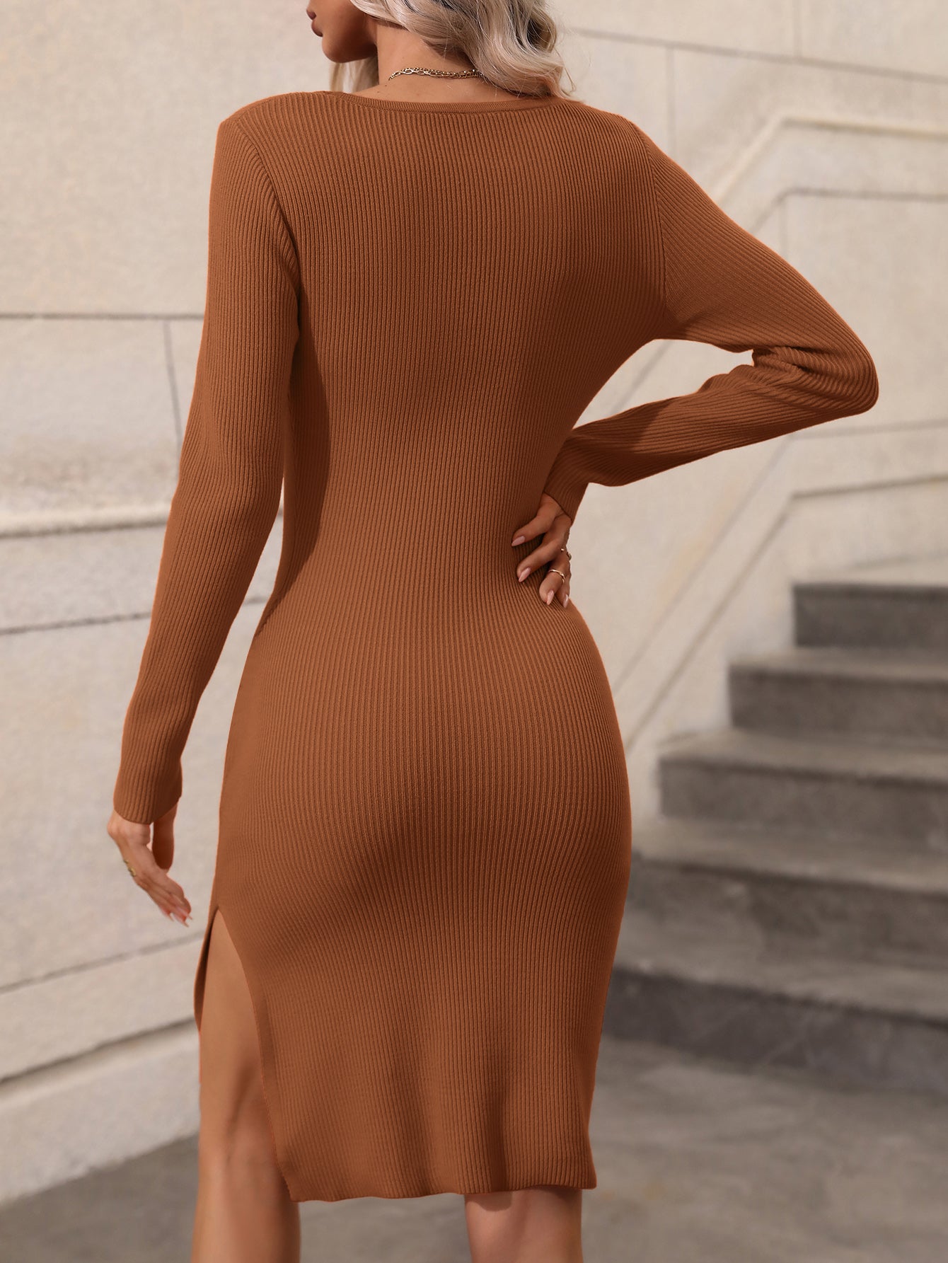 Two-Tone Ribbed Sweater Dress — Square Neck
