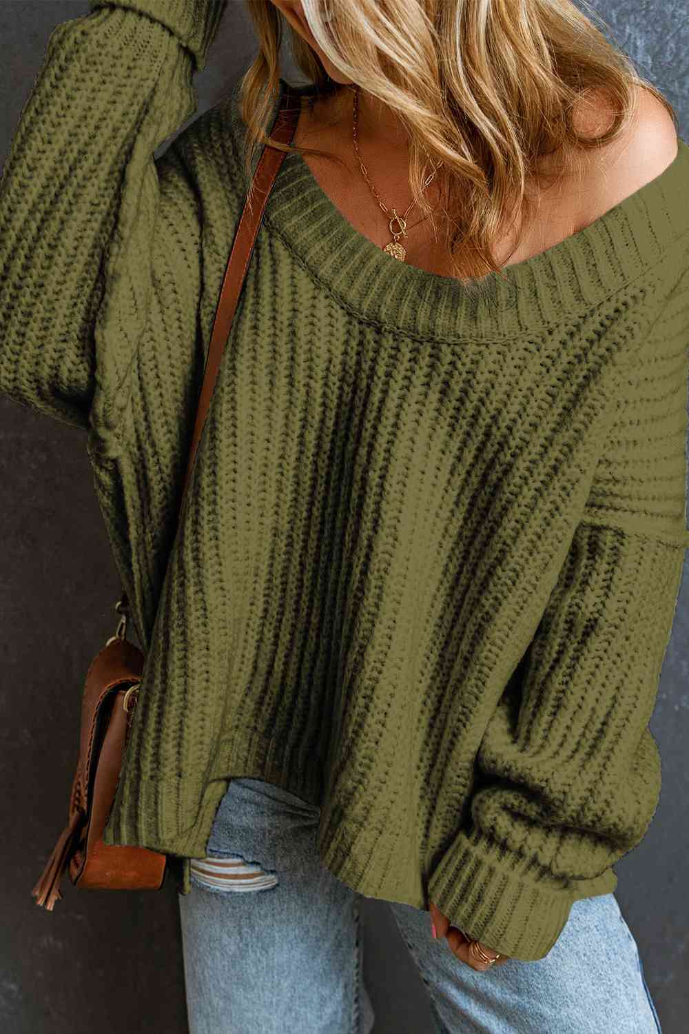 Chunky Ribbed V-Neck Dropped Shoulder Sweater