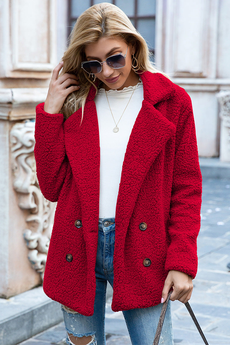 Double-Breasted Lapel Collar Teddy Sherpa Coat