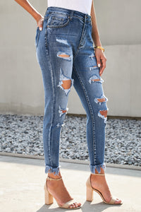 Distressed Frayed Hem Cropped Jeans Pants