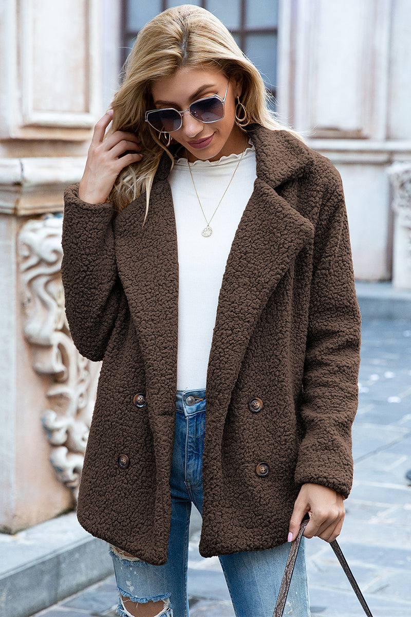 Double-Breasted Lapel Collar Teddy Sherpa Coat