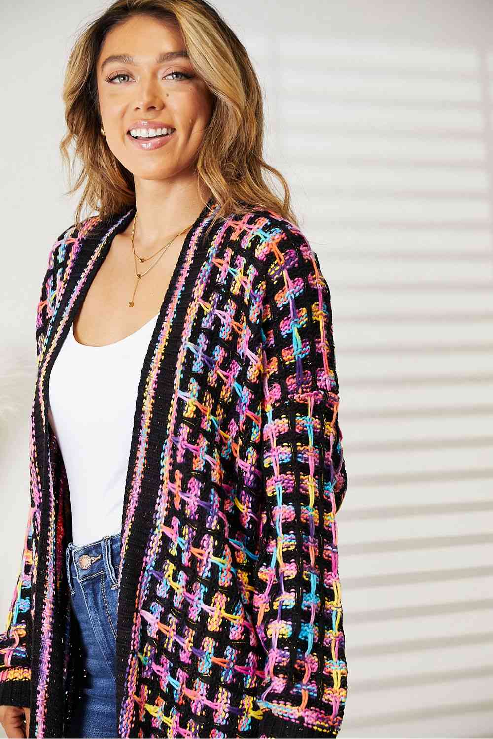 Multicolored Open Front Fringe Hem Cardigan